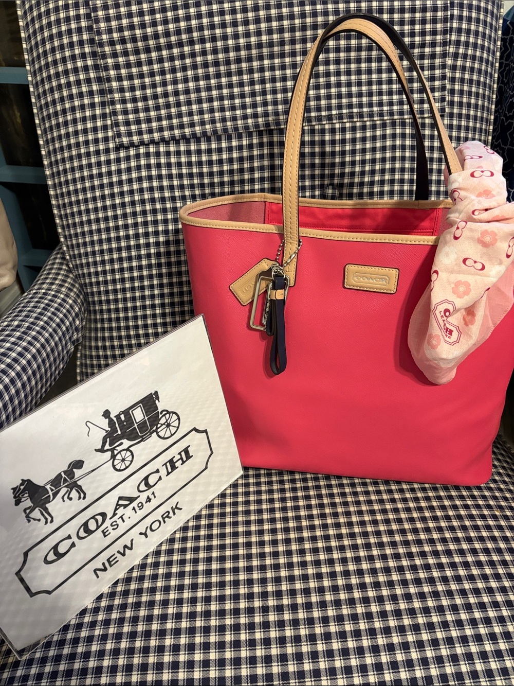 Coach Metro Pink Tote with Tan Trim comes with coach cotton scarf